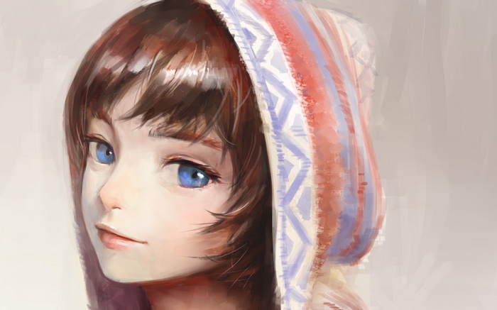 Artwork of a girl with blue eyes and a hooded scarf