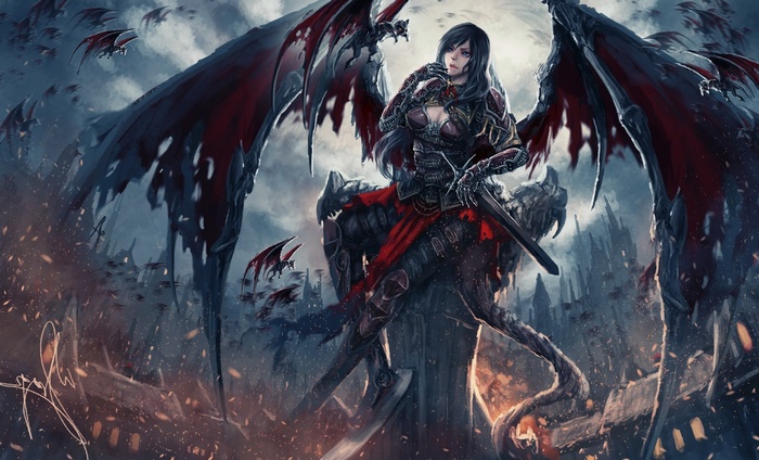 Fantasy art of a winged woman with bats
