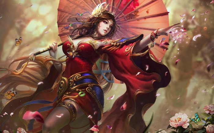 Fantasy art of a woman with an umbrella