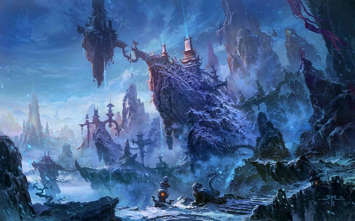 Fantasy art of a snowy mountain landscape with floating islands