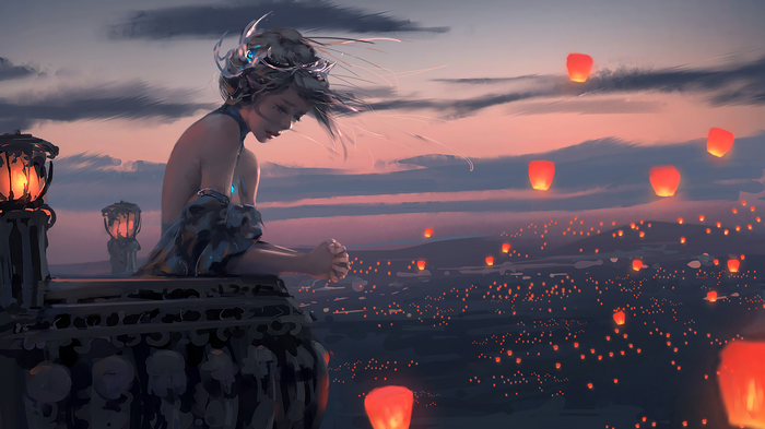 Princess on a balcony with sky lanterns