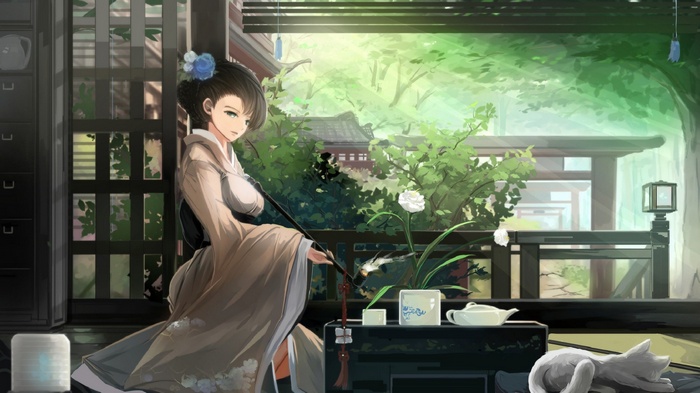 Woman in Kimono Smoking with Cat and Tea Set
