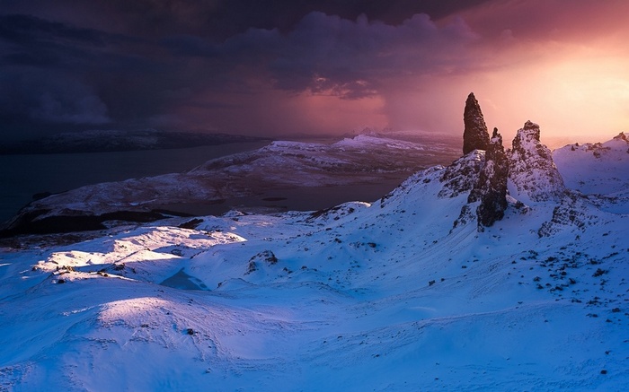 Winter landscape with Old Man of Storr in Scotland