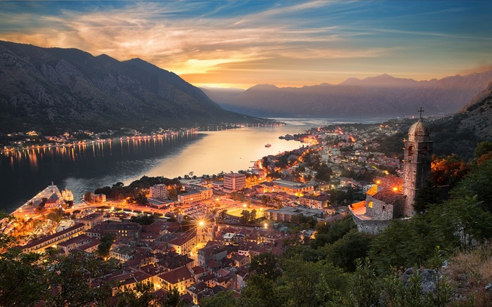 Kotor, Montenegro at sunset with mountains and bay