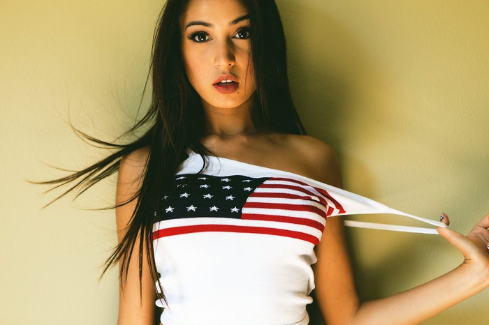 Jaslin Sky wearing an American flag t-shirt