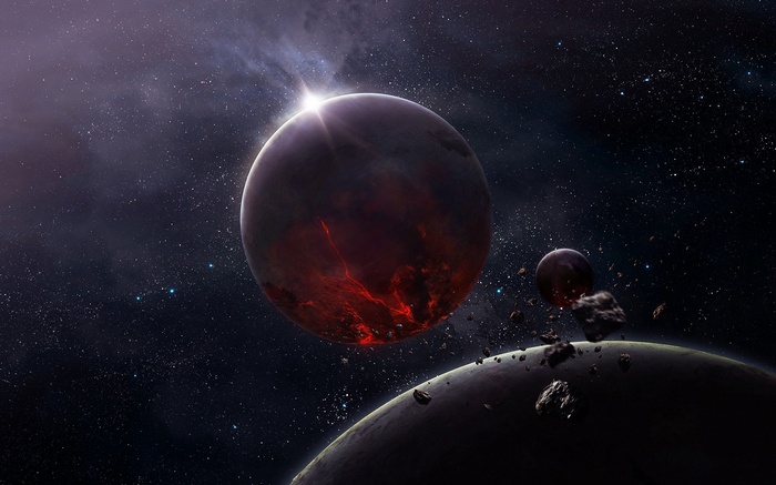 Planets and asteroids in space with stars