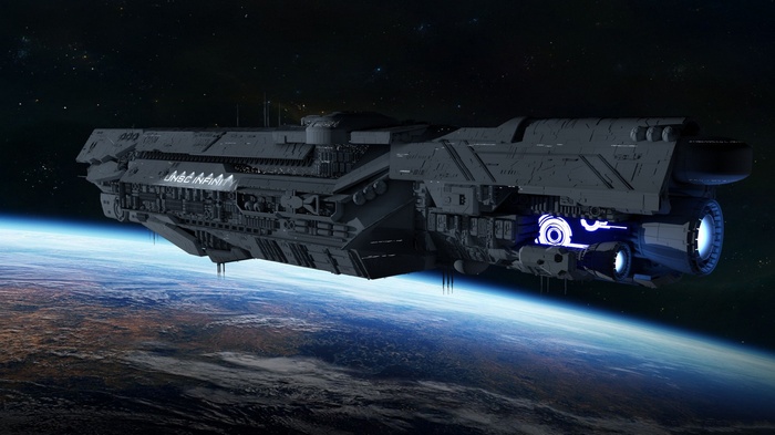 UNSC Infinity spaceship orbiting a planet