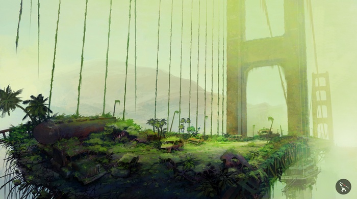 Post-apocalyptic Golden Gate Bridge overgrown with nature