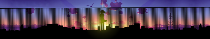Anime girl silhouette at sunset behind a fence