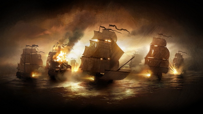 Naval combat between sailing ships at sea