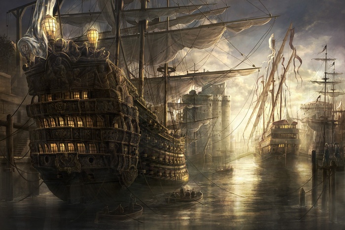 Fantasy artwork of pirate sailing ships in a harbor