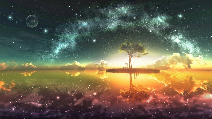 Fantasy art of a tree under a starry sky