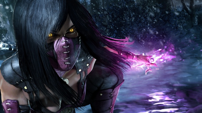 Mileena from Mortal Kombat casting a purple spell