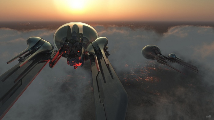 Futuristic spaceships flying over a city at sunset