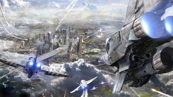 Futuristic city under aerial combat with spaceships