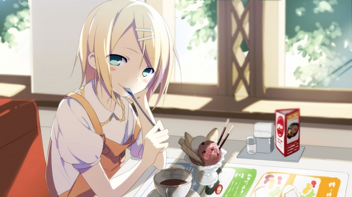 Kagamine Rin eating ice cream and drinking coffee