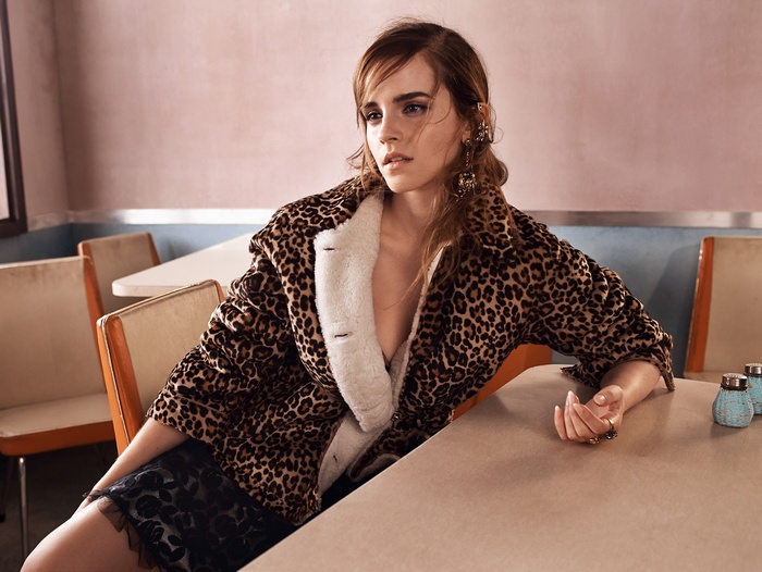 Emma Watson in a leopard print coat