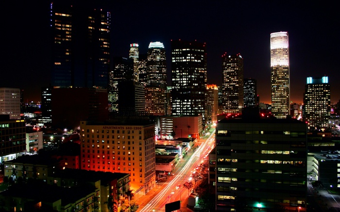 Nighttime cityscape of Los Angeles with light trails