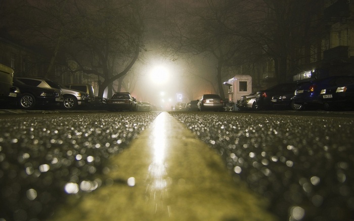 Wet City Street at Night with Cars and Fog