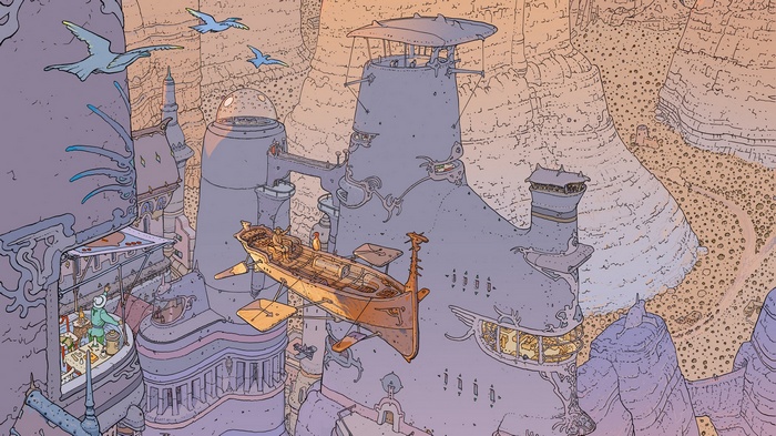 Mœbius fantasy city with flying vehicles and birds