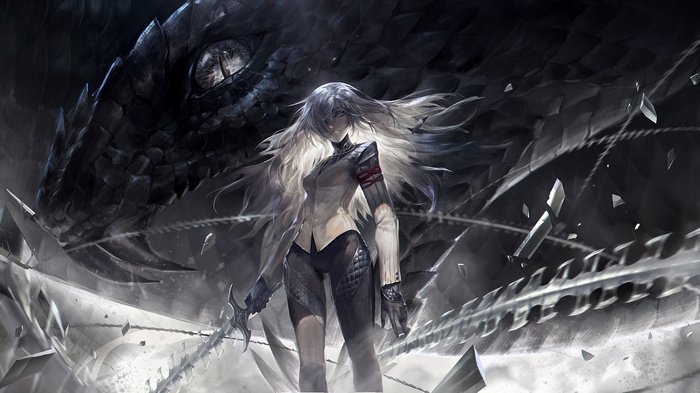 Woman with white hair and sword near a dragon