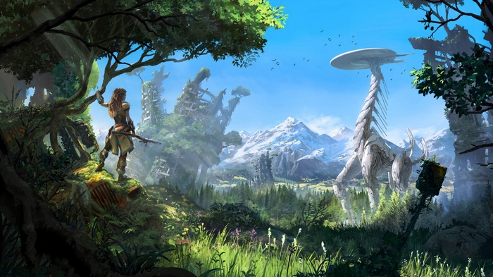 Horizon Zero Dawn: Aloy and a Tallneck in a forest