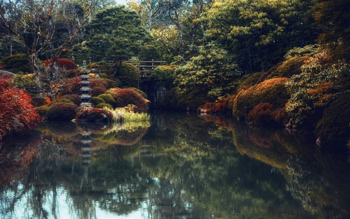 Japanese garden with pond and pagoda