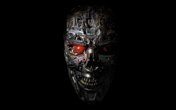 Terminator robot face with red eyes on black background