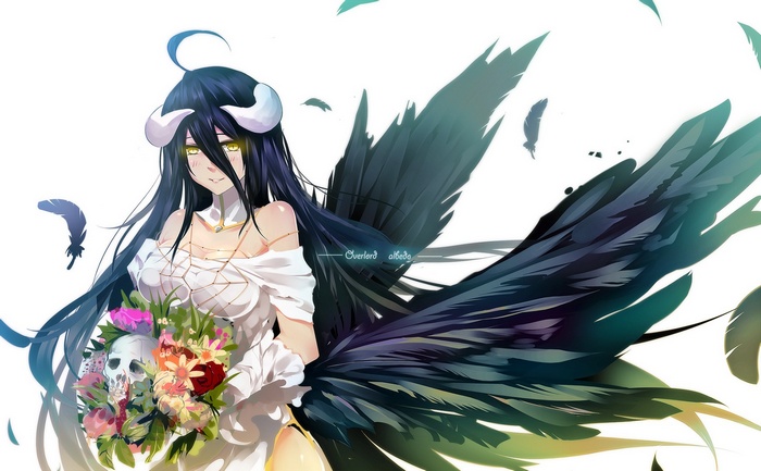 Albedo from Overlord holding a bouquet with a skull