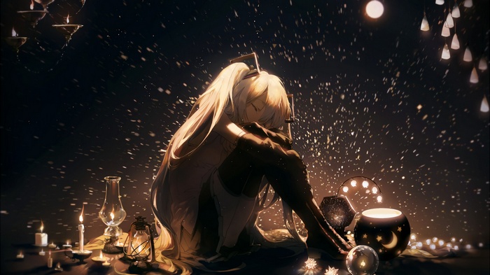 Hatsune Miku sitting in a dark room with candles