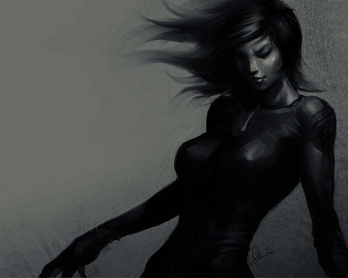 Monochrome artwork of a fantasy girl