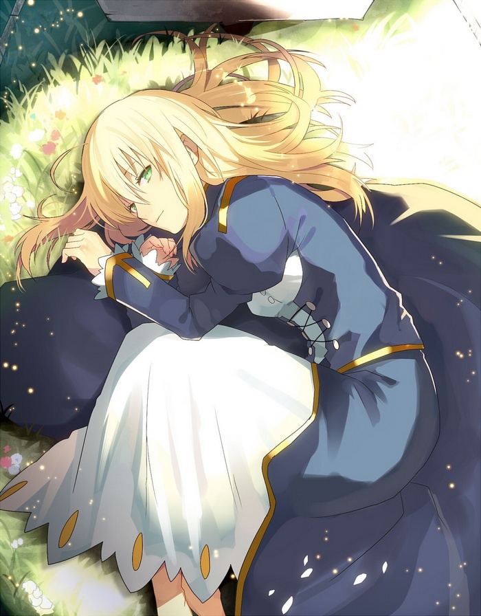 Saber from Fate Series lying on grass