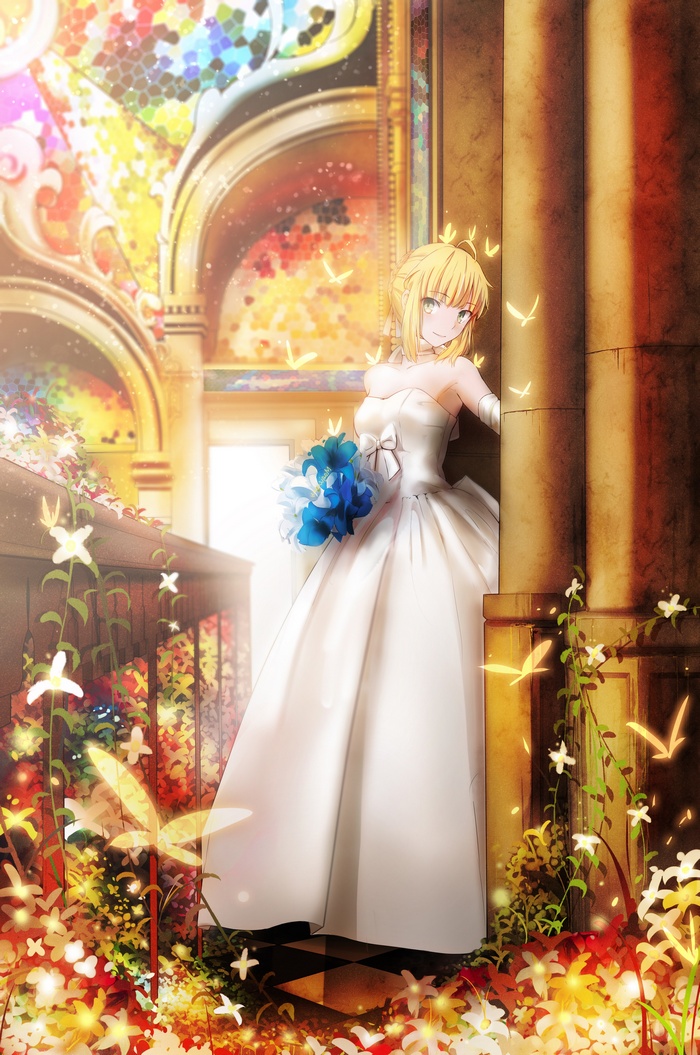 Saber in a wedding dress holding a bouquet