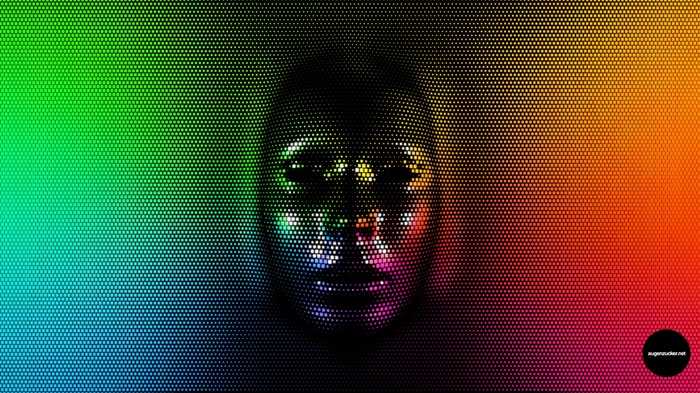Digital face made of colorful pixels