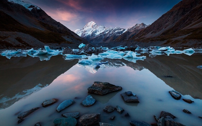Mount Cook reflection in glacial lake, New Zealand