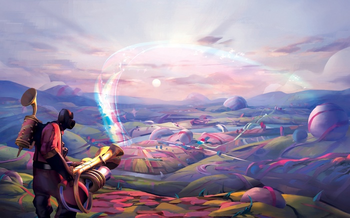 Pyro with a rainbow weapon in a colorful landscape