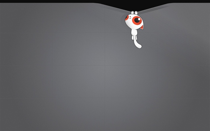 White cat hanging from a dark corner