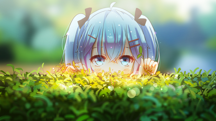 Anime girl with blue twintails peeking over hedges