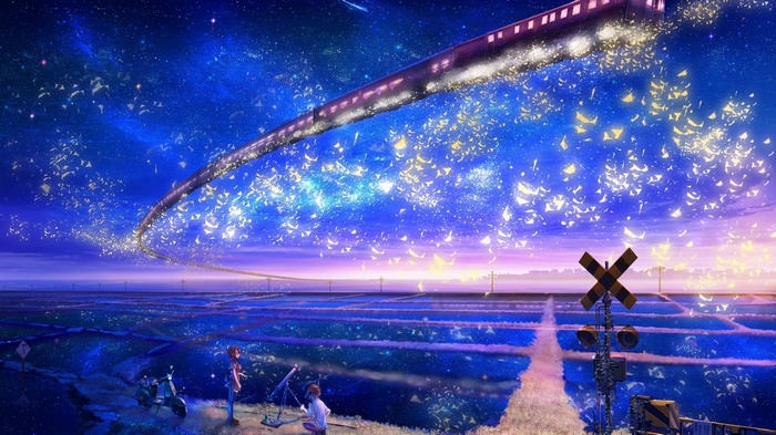 Train traveling through a starry sky over fields