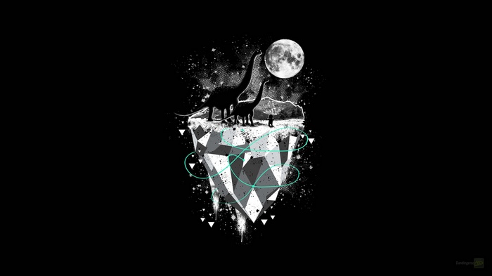 Dinosaurs on a floating island under the moon
