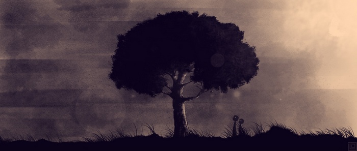 Artwork of a solitary tree in a surreal landscape