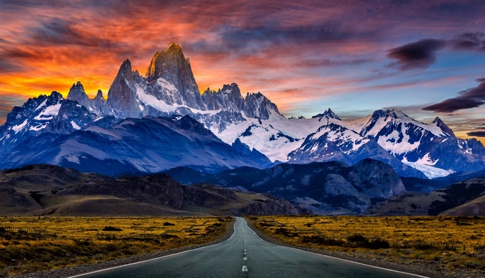 Mount Fitz Roy at sunset with a road in Patagonia, Argentina