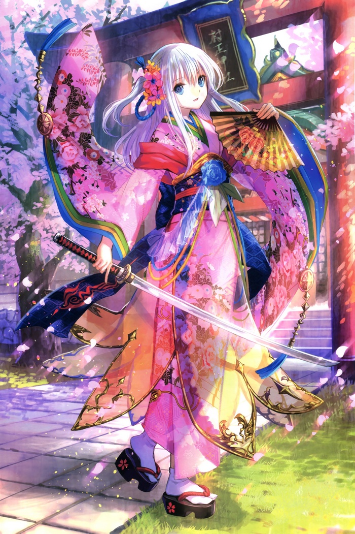 Fuji Choko in a pink kimono with a sword