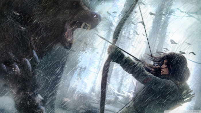Lara Croft fights a bear with a bow and arrow in Rise of the Tomb Raider