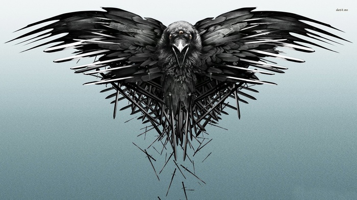 A black crow with swords on a blue background