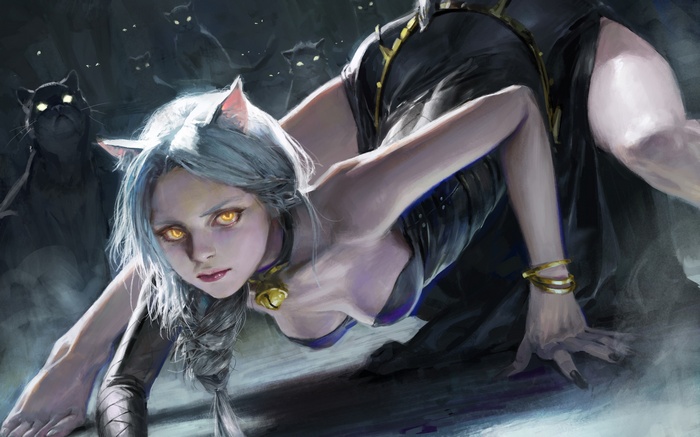 Nekomimi girl with yellow eyes and black cats
