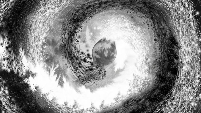 Abstract black and white swirling galaxy with a planet