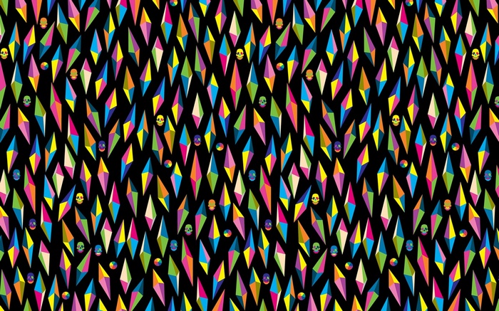 Colorful geometric diamonds and skulls on black background