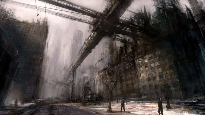 Dystopian Cityscape with Overpass and Figures