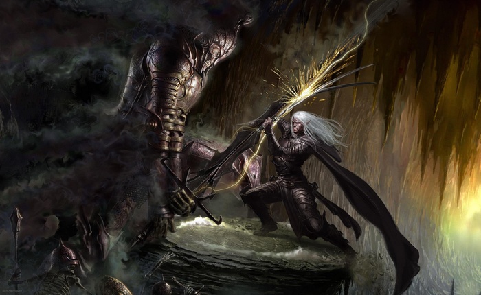 Drizzt DoUrden battles a large armored creature
